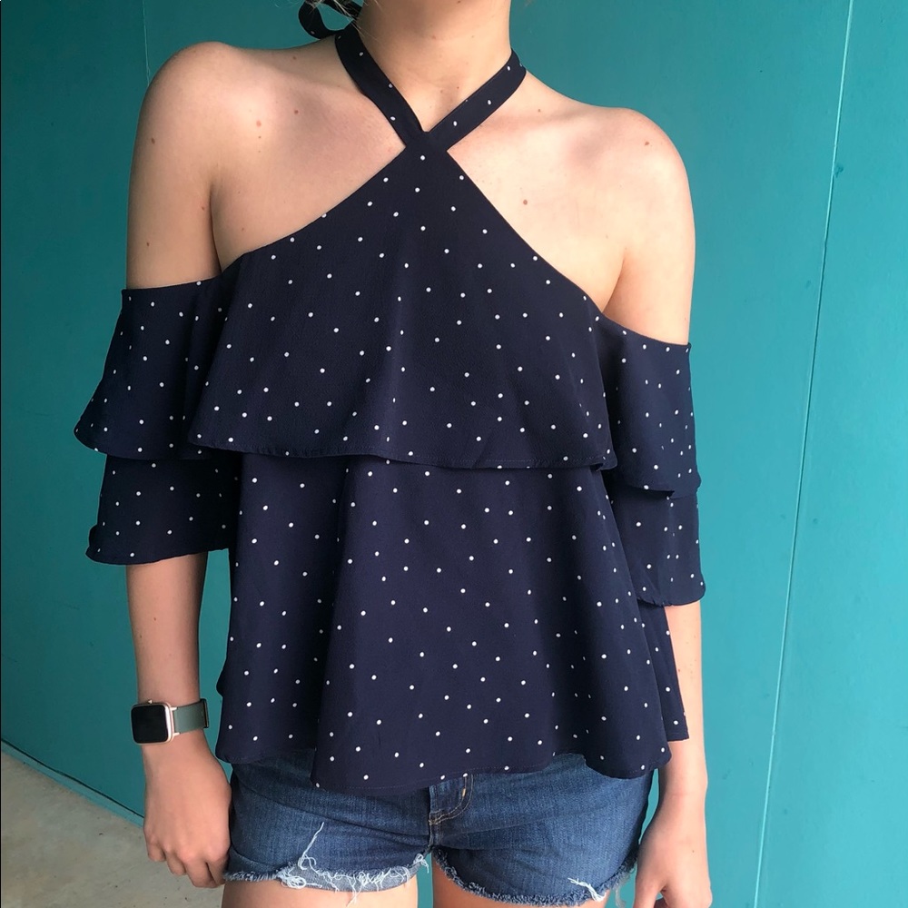 She + Sky polka dot cold shoulder navy blue top.